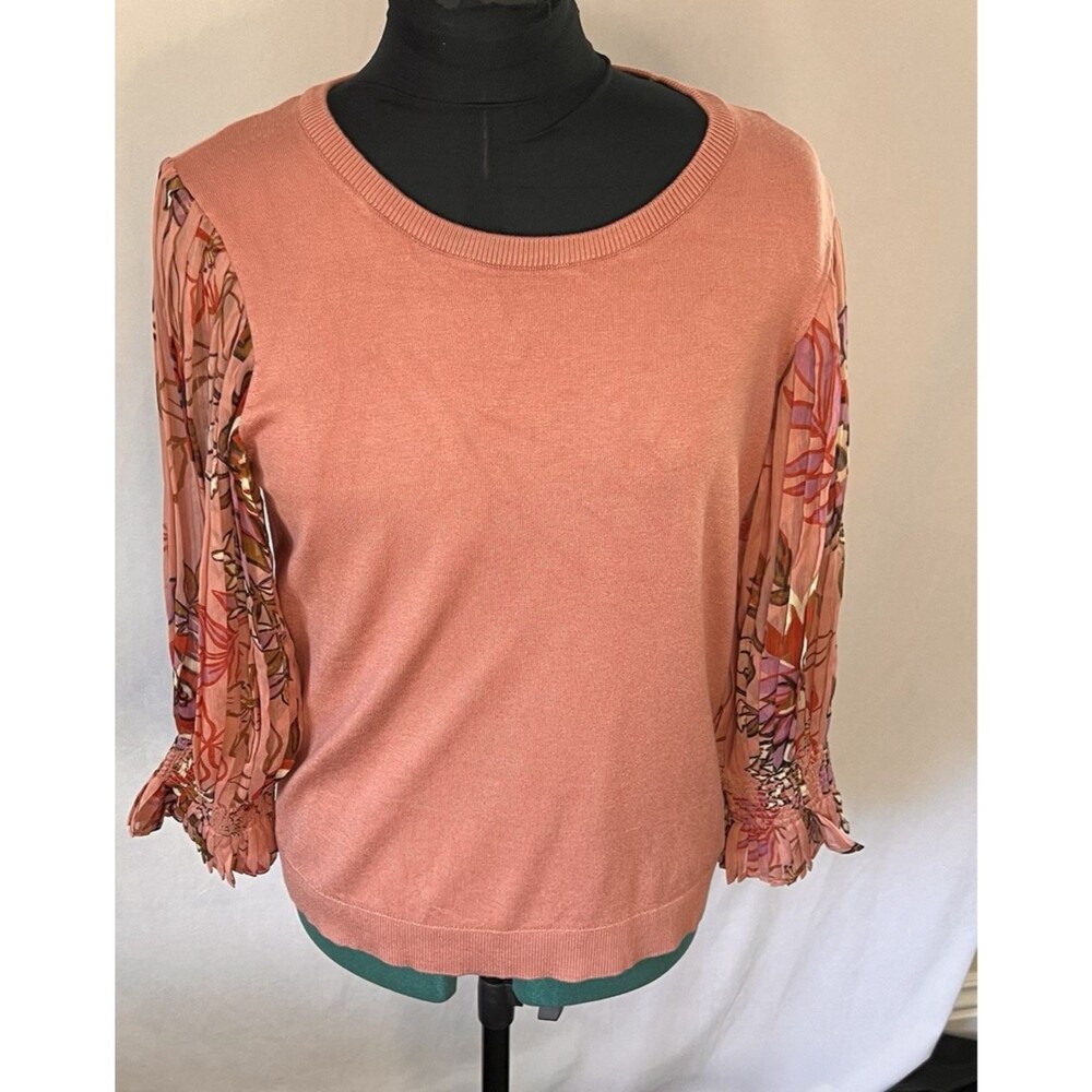 Adrianna Papell Knit Top Floral Chiffon Puff Sleeves Romantic, feminine, medium